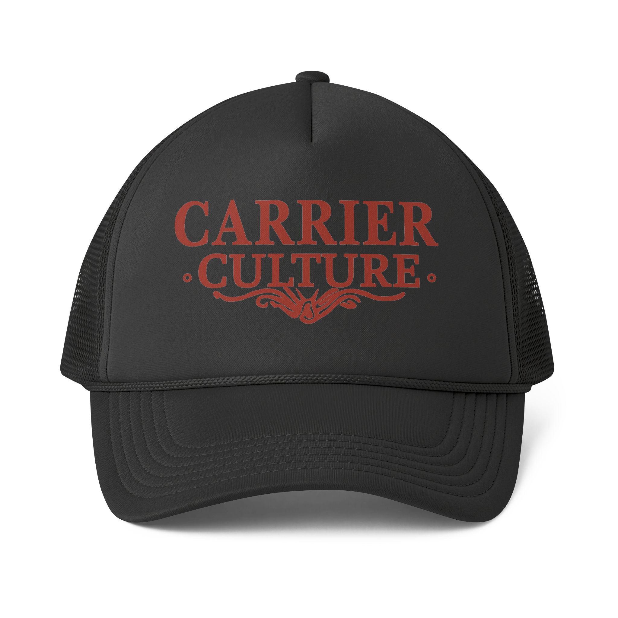 Carrier Culture Trucker Cap — red logo black hat